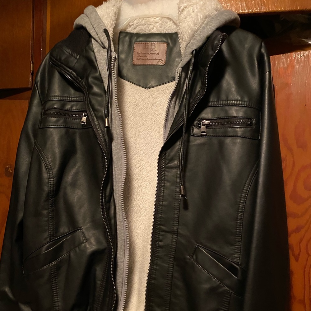 Leather zip up jacket with hoodie